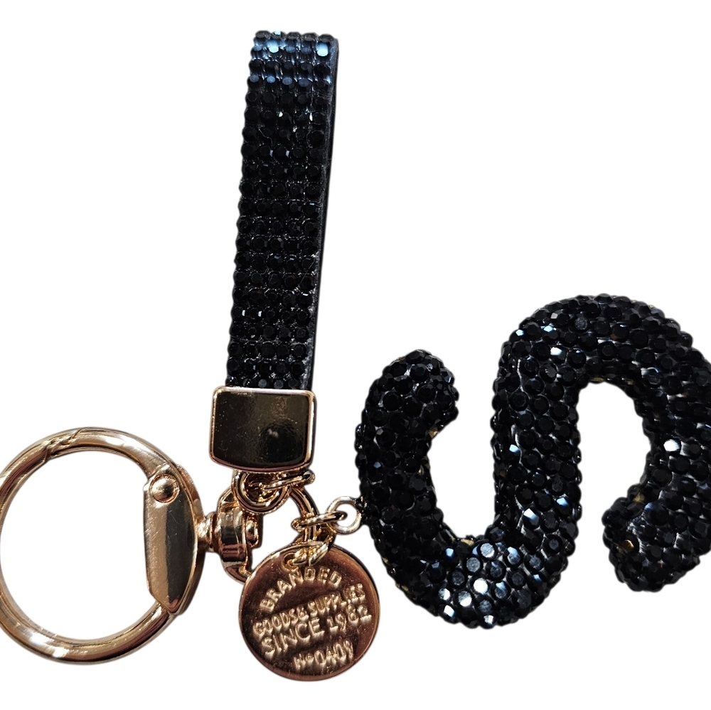 Black Lucky Rhinestone ' S ' Bling Keychain, NEW - Picture 2 of 3